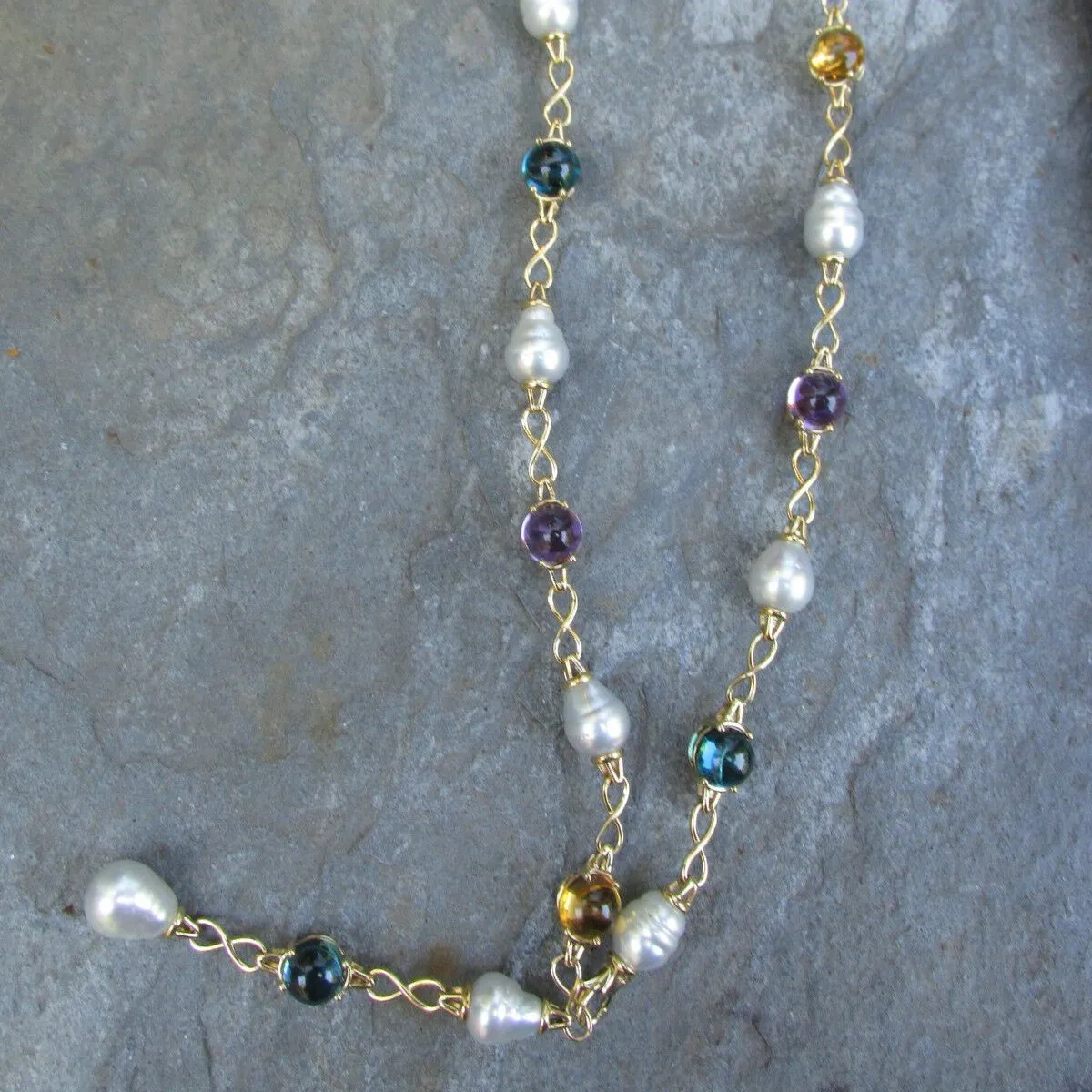 14KT Yellow Gold Paspaley Pearl, Citrine, Amethyst   Topaz Station Lariat Necklace 25"