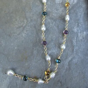 14KT Yellow Gold Paspaley Pearl, Citrine, Amethyst   Topaz Station Lariat Necklace 25"
