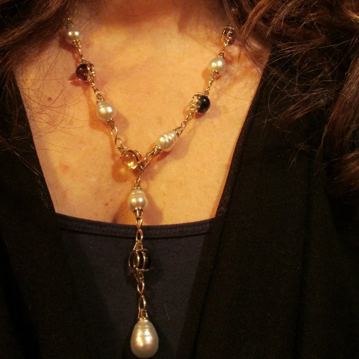 14KT Yellow Gold Paspaley Pearl, Citrine, Amethyst   Topaz Station Lariat Necklace 25"