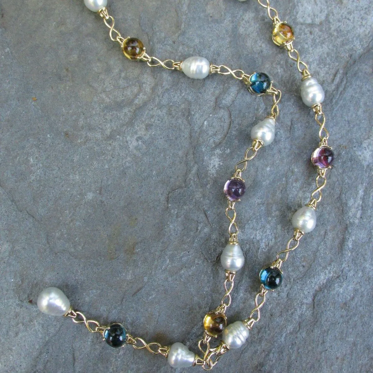 14KT Yellow Gold Paspaley Pearl, Citrine, Amethyst   Topaz Station Lariat Necklace 25"