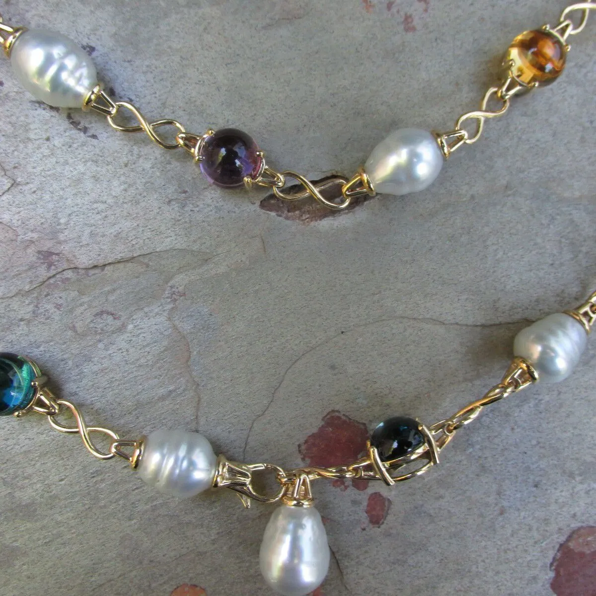 14KT Yellow Gold Paspaley Pearl, Citrine, Amethyst   Topaz Station Lariat Necklace 25"