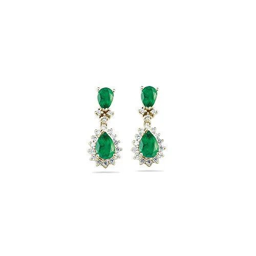 2.00 Cts Diamond & AA Pear Natural Emerald Cluster Earrings-14KY Gold