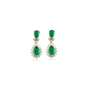 2.00 Cts Diamond & AA Pear Natural Emerald Cluster Earrings-14KY Gold