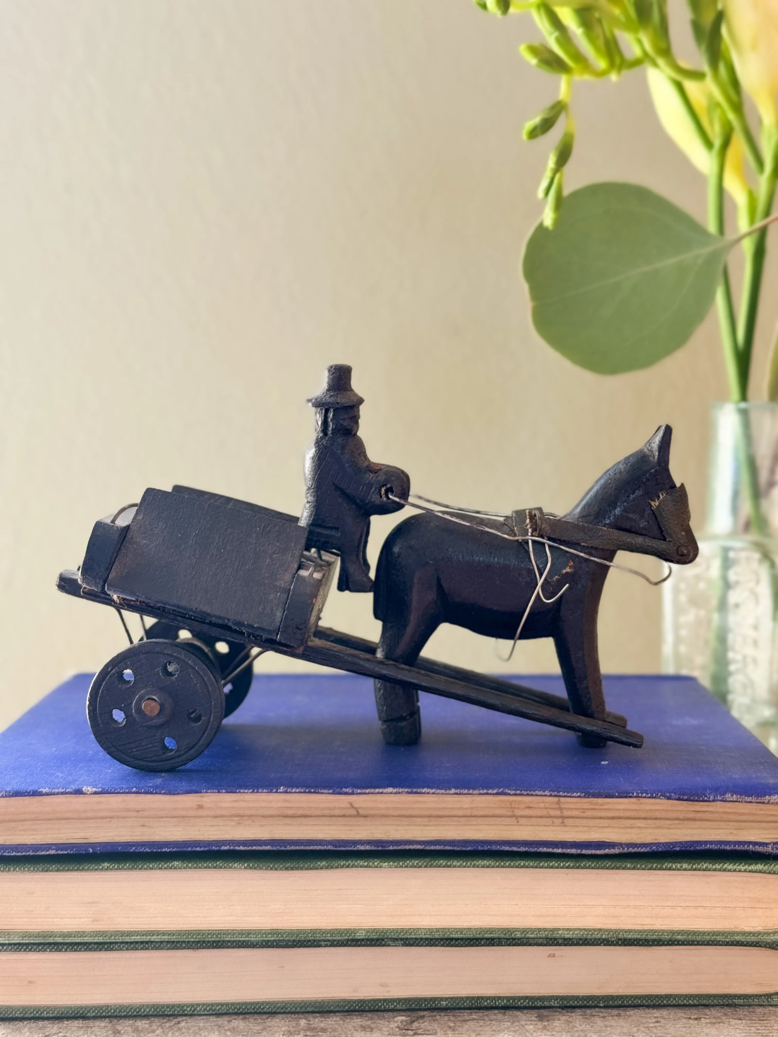 Antique Irish Bog Oak (Petrified Wood) Handmade Folk Art Horse & Cart