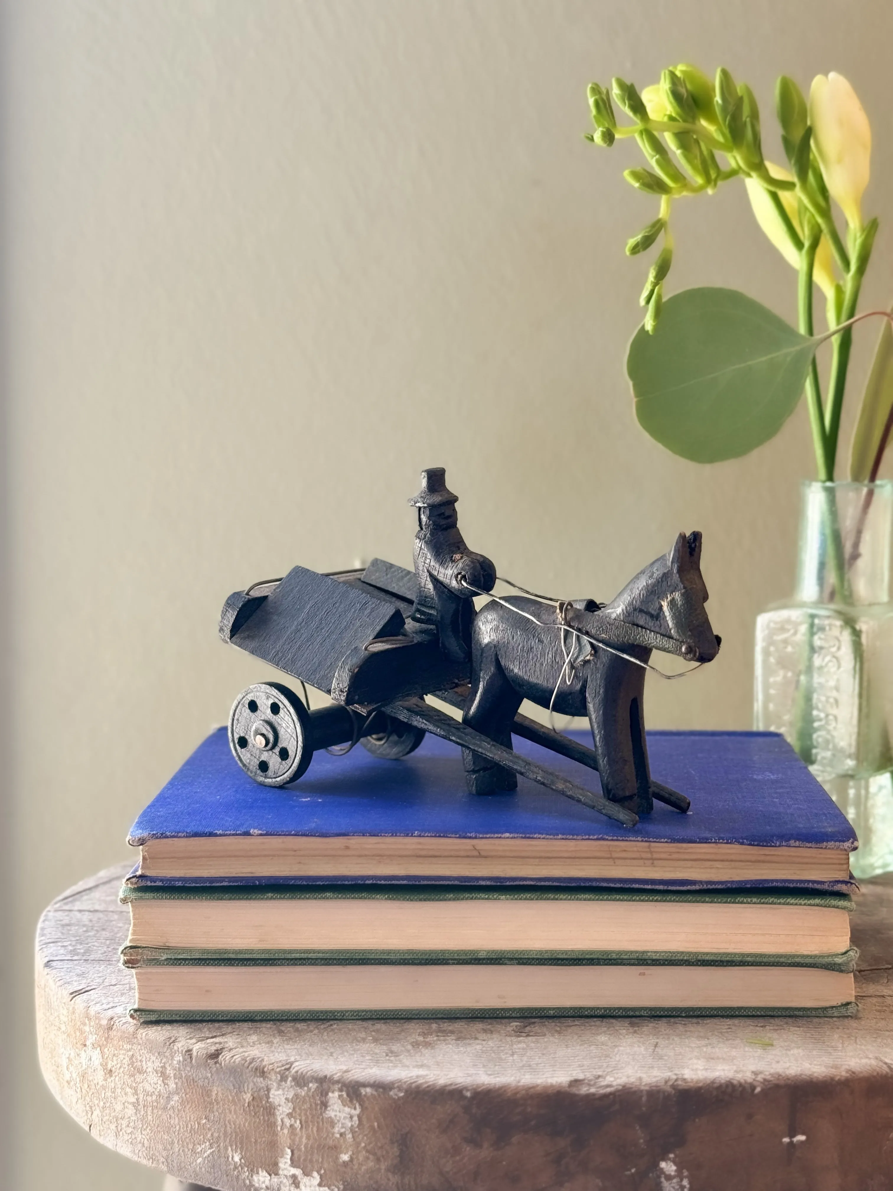 Antique Irish Bog Oak (Petrified Wood) Handmade Folk Art Horse & Cart