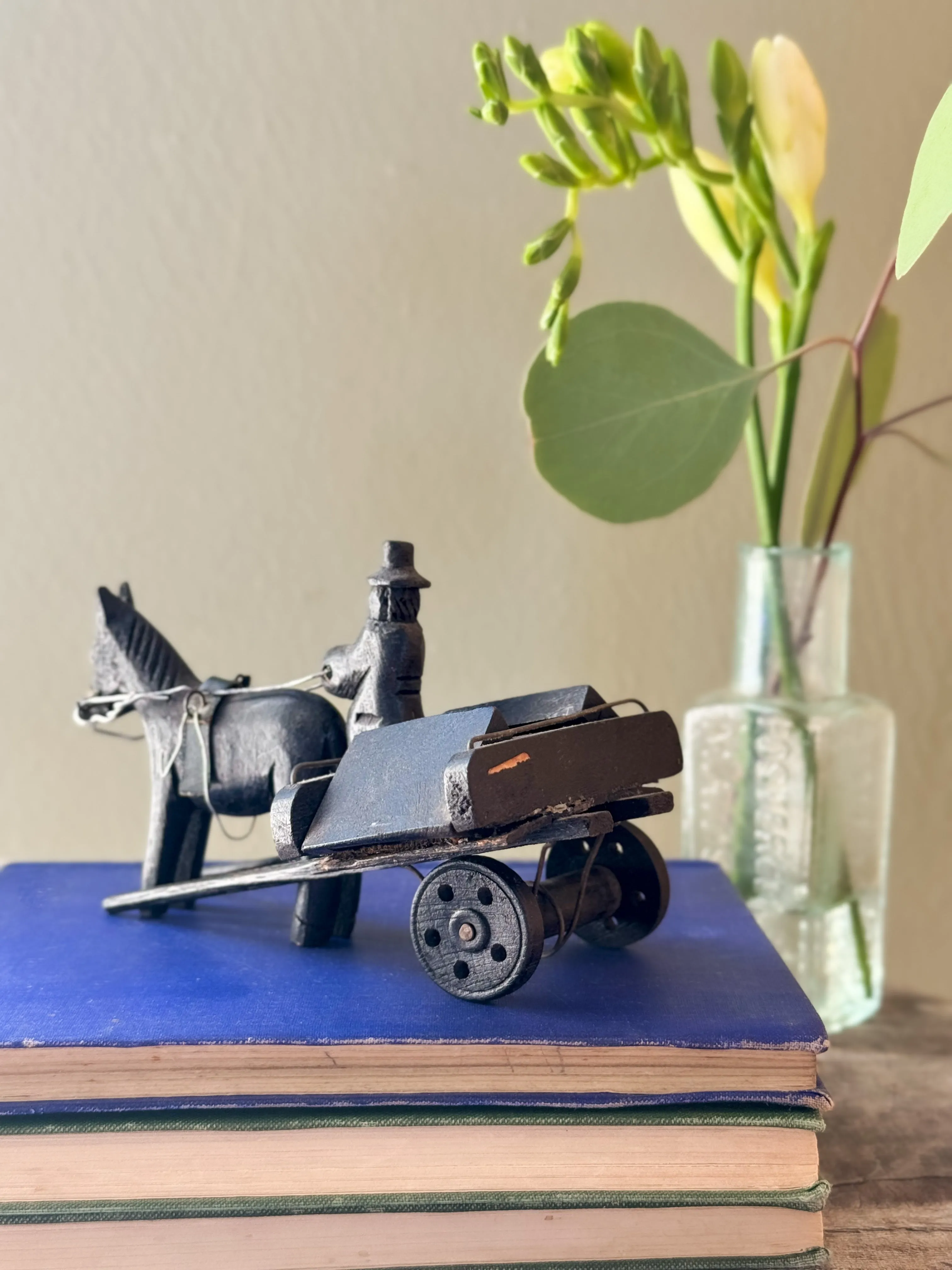 Antique Irish Bog Oak (Petrified Wood) Handmade Folk Art Horse & Cart