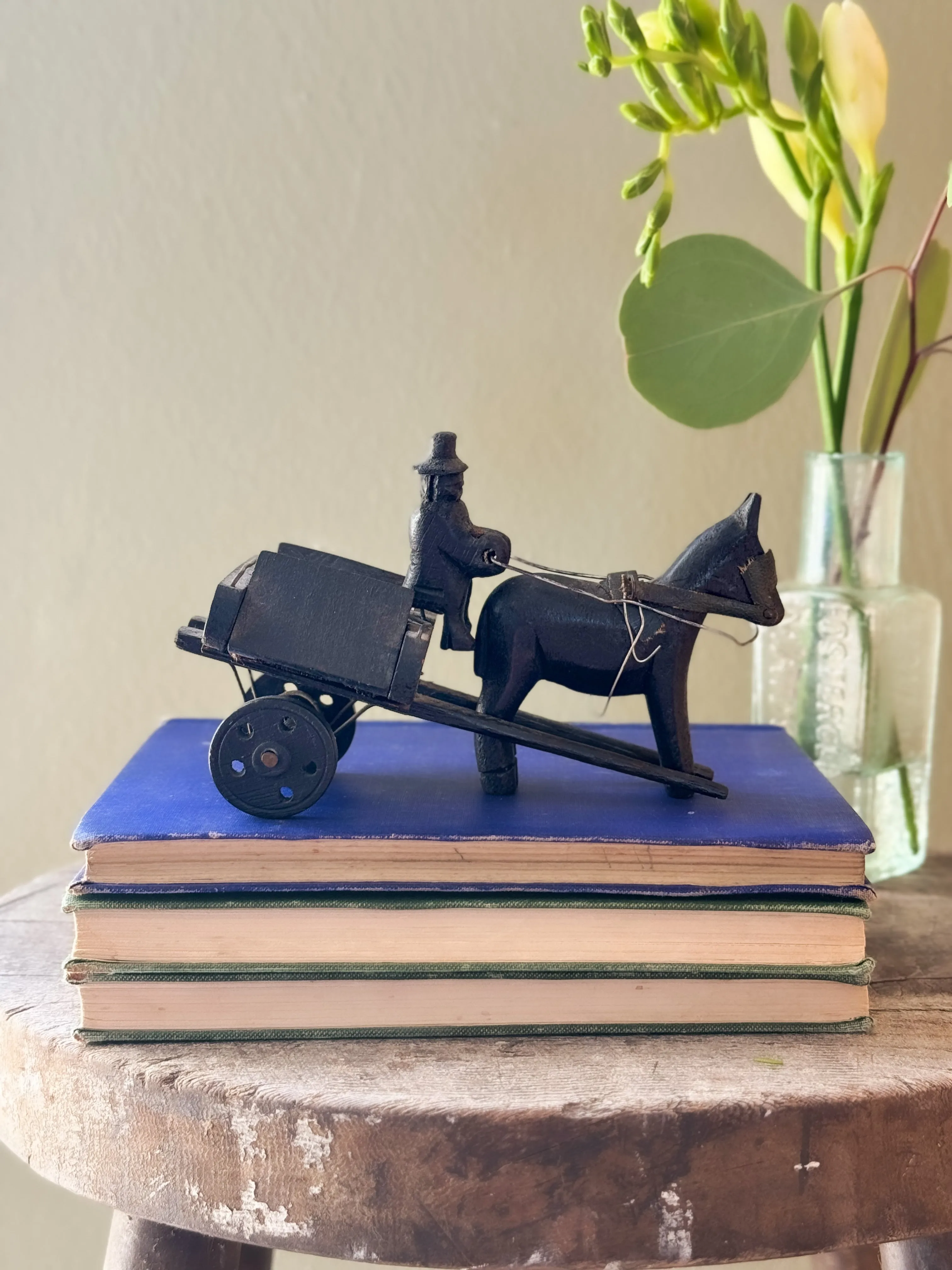 Antique Irish Bog Oak (Petrified Wood) Handmade Folk Art Horse & Cart