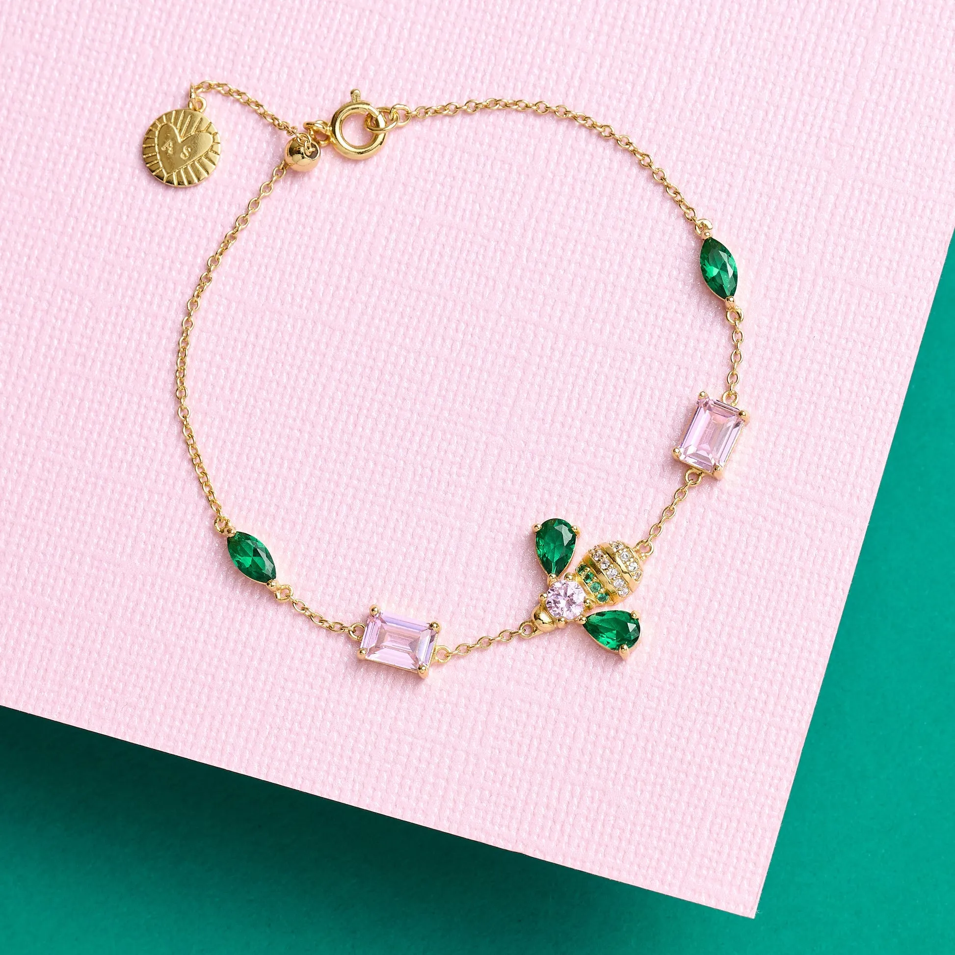 Beatrice Jewelled Bee Bracelet - Blush Pink, Emerald Green & Gold - AS22FFB01