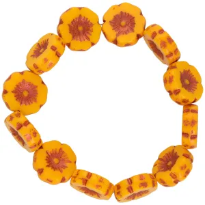 Czech Glass Hibiscus Flower (12mm) Marigold Yellow Opaque with Copper Wash , 1 Strand