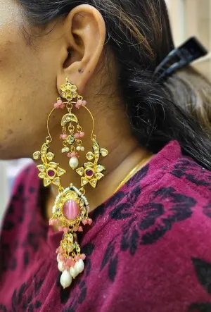 Extra Long Kundan and Pearl Bali statement earrings in Pink