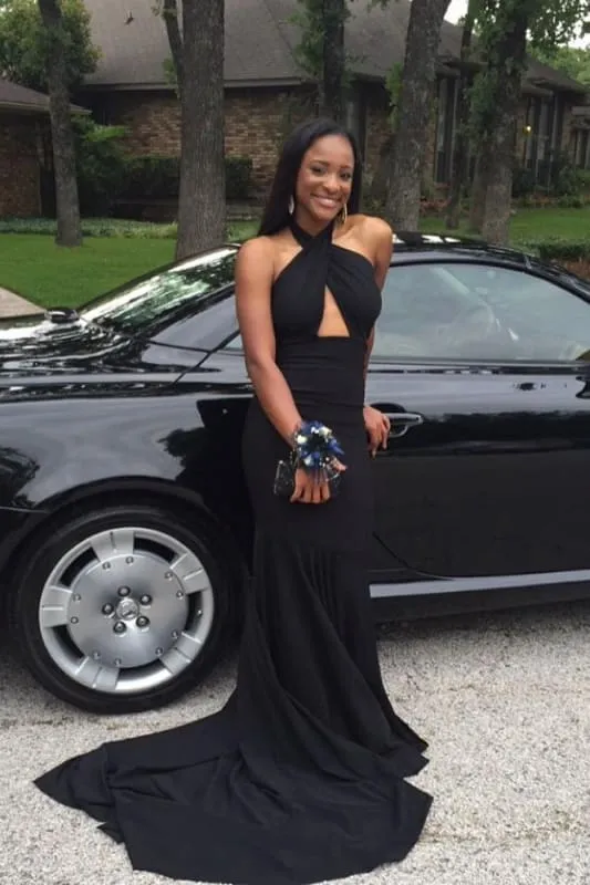 Fascinating Black Sleeveless Open Back Prom Dresses with Train