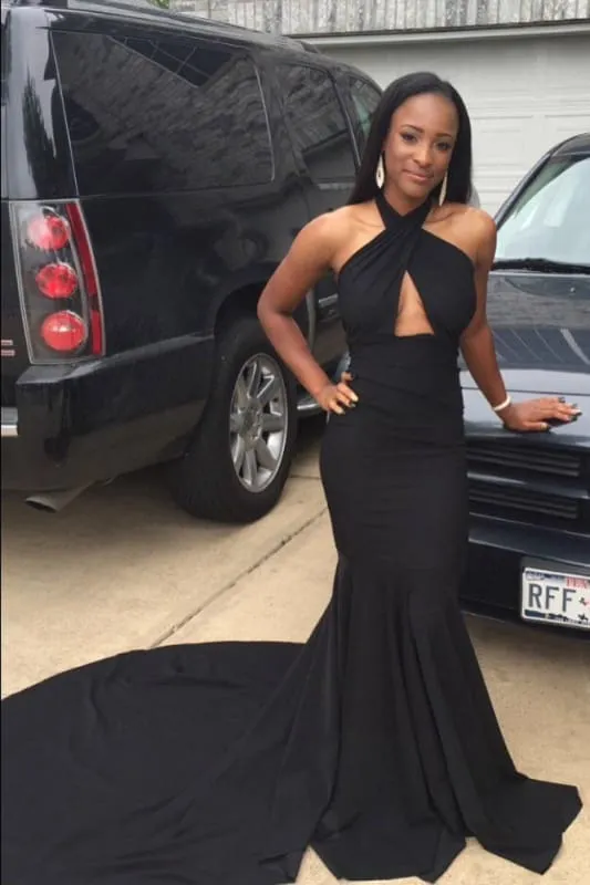 Fascinating Black Sleeveless Open Back Prom Dresses with Train