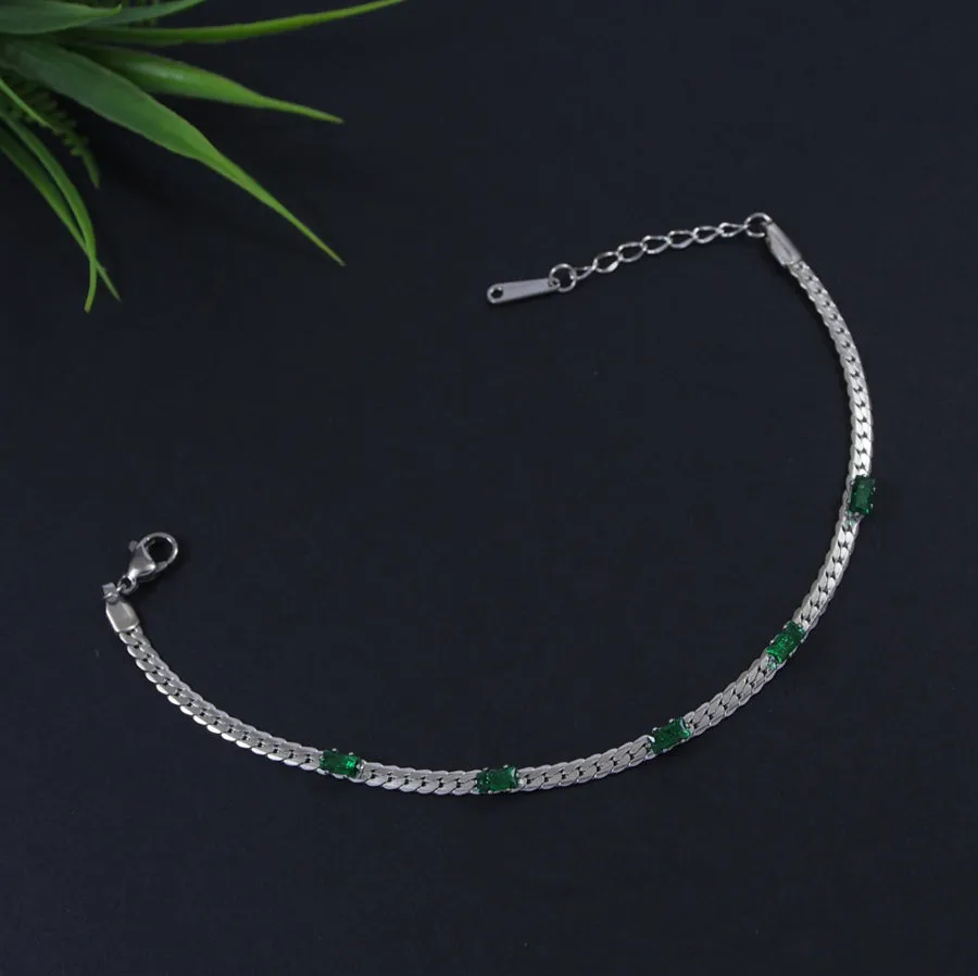 Stainless Steel Rosegold/Silver Plated Link Chain Emerald Bracelet