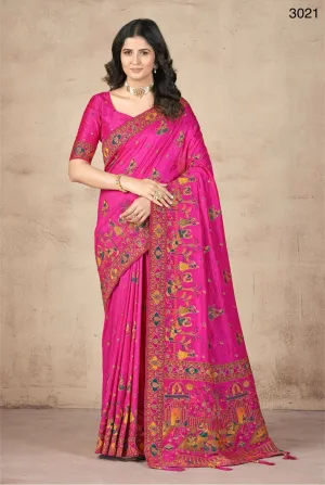 Women's Designer Party Wear Pink Color Pashmina Silk with Khatali Handwork Saree