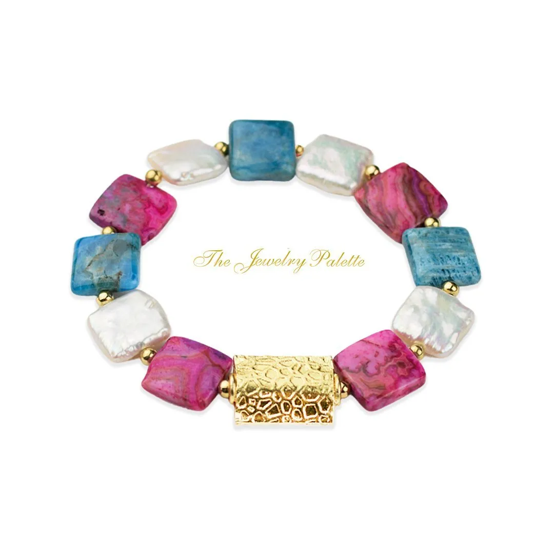 Zara white freshwater pearl, teal apatite and pink agate bracelet