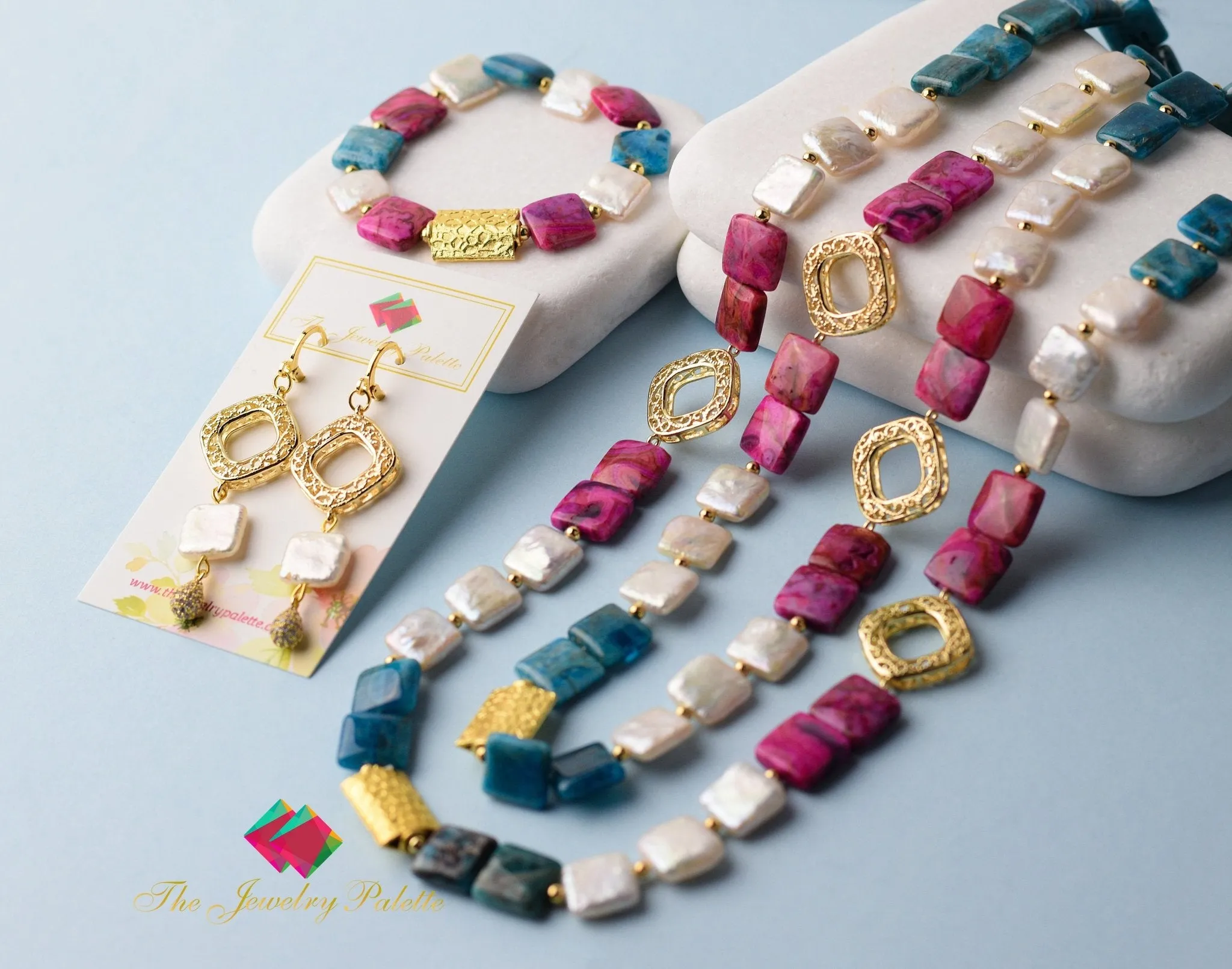 Zara white freshwater pearl, teal apatite and pink agate bracelet
